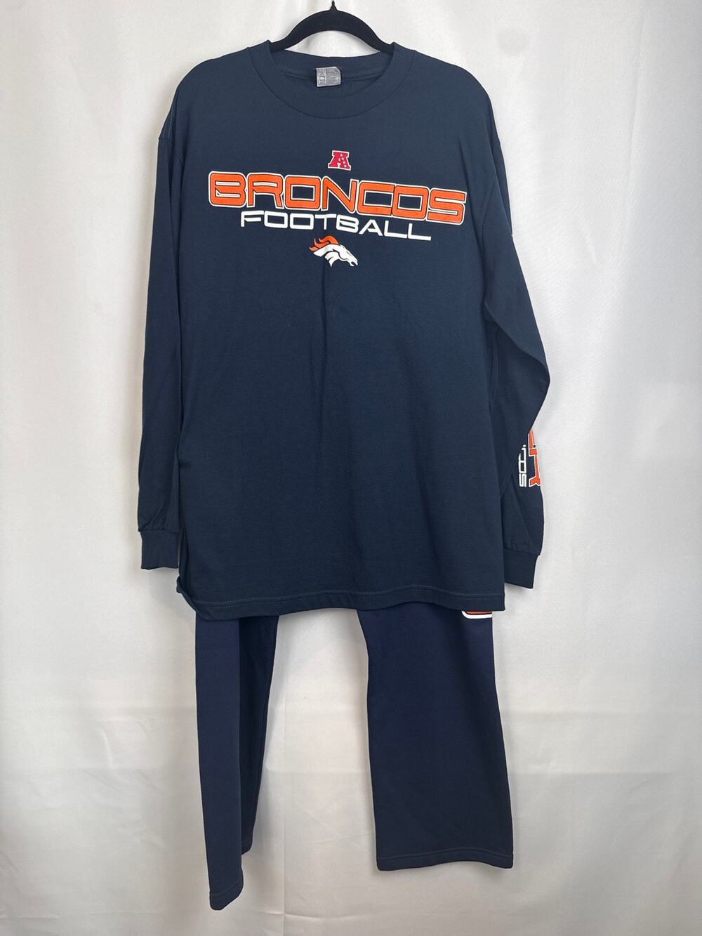 NFL Team Apparel Mens Denver Broncos LS Tee Sweatpants Set Size L Navy Gameday
